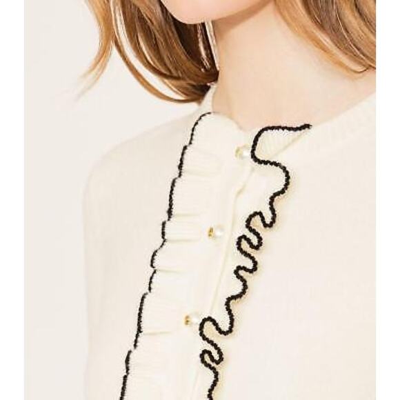 Tory Burch EMILY Cashmere Sweater Gold Logo Pearl Button Front Ivory White XS - Picture 5 of 12
